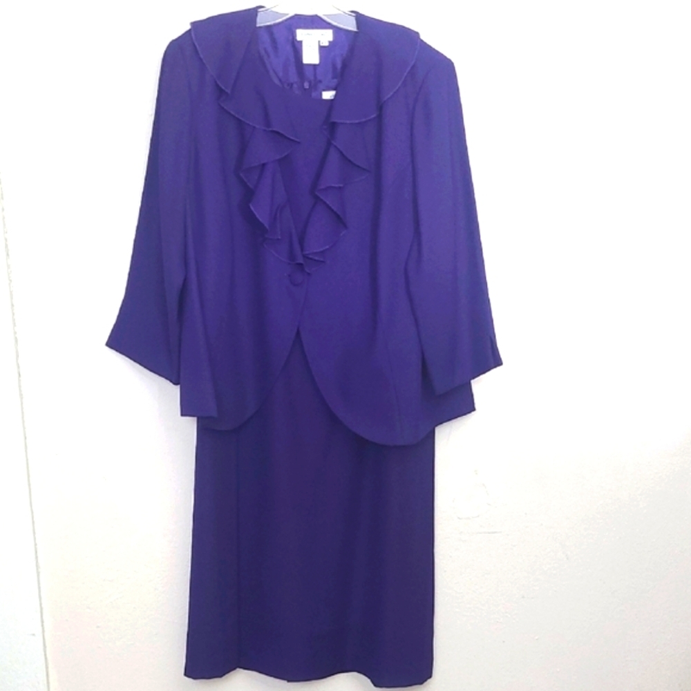 Cocktail Formal Matching Set Purple Ruffled Blazer Sheath Dress Below Knee